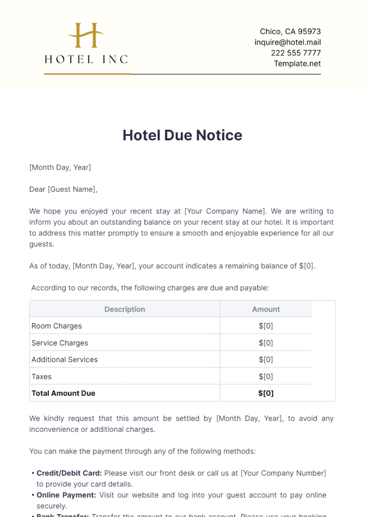 Hotel Due Notice Template - Edit Online & Download