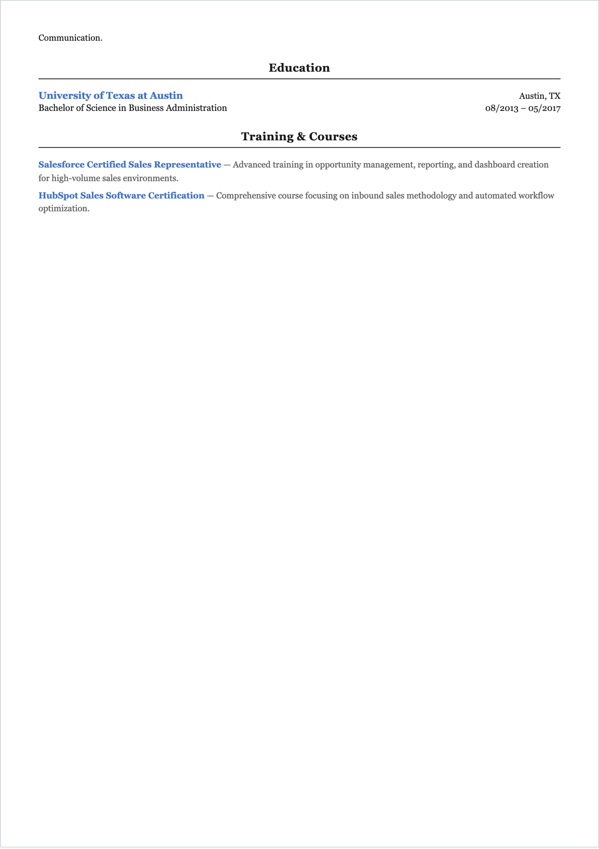 Free One Page ATS Resume For Sales Representative Template