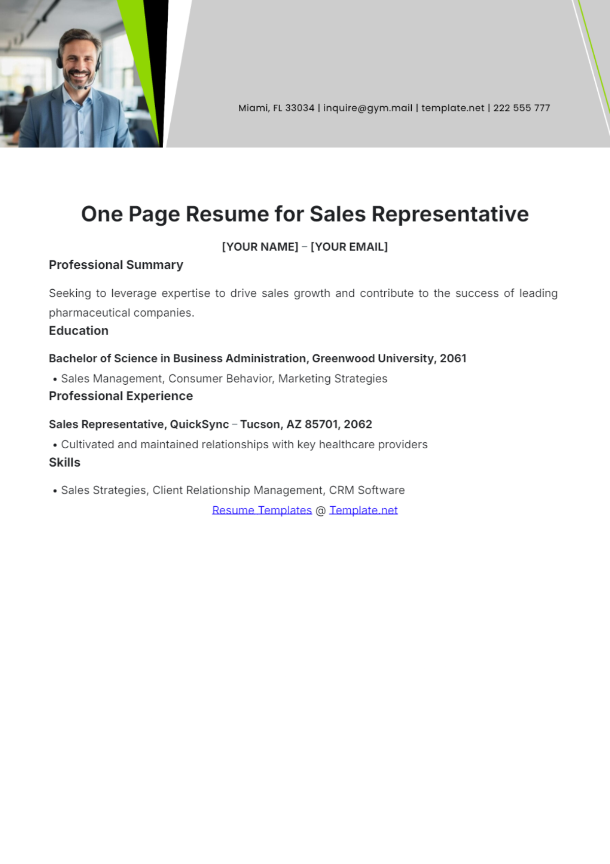 One Page Resume For Sales Representative - Edit Online & Download