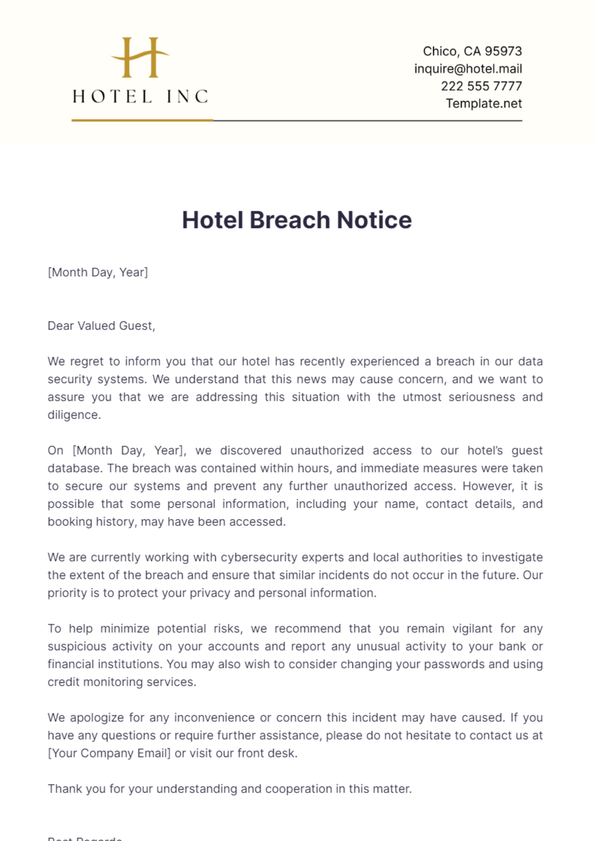 Hotel Breach Notice Template - Edit Online & Download