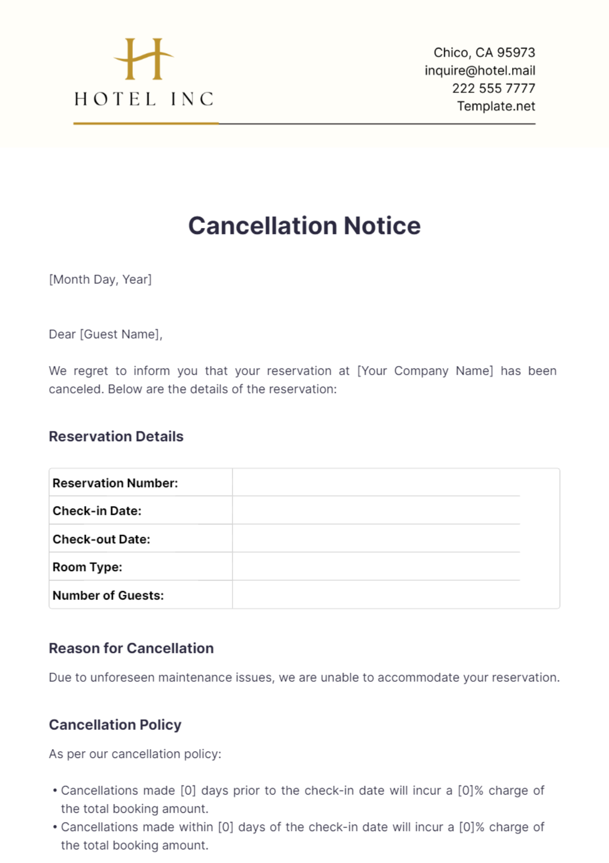 Hotel Cancellation Notice Template - Edit Online & Download