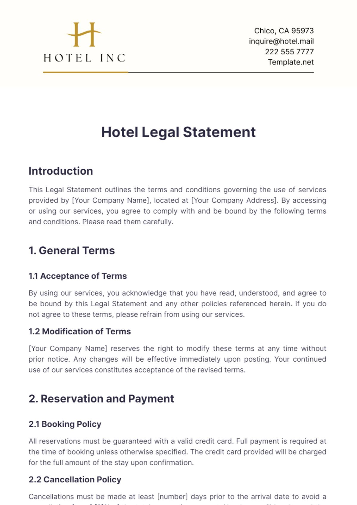 Hotel Legal Statement Template - Edit Online & Download