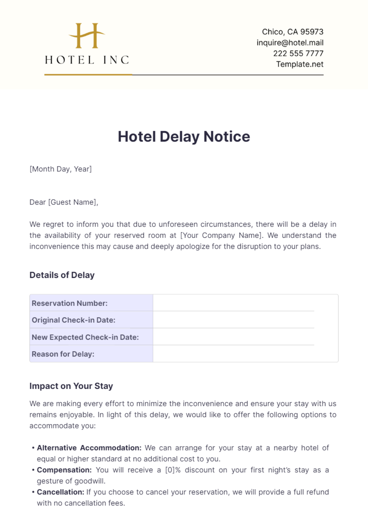 Hotel Delay Notice Template - Edit Online & Download