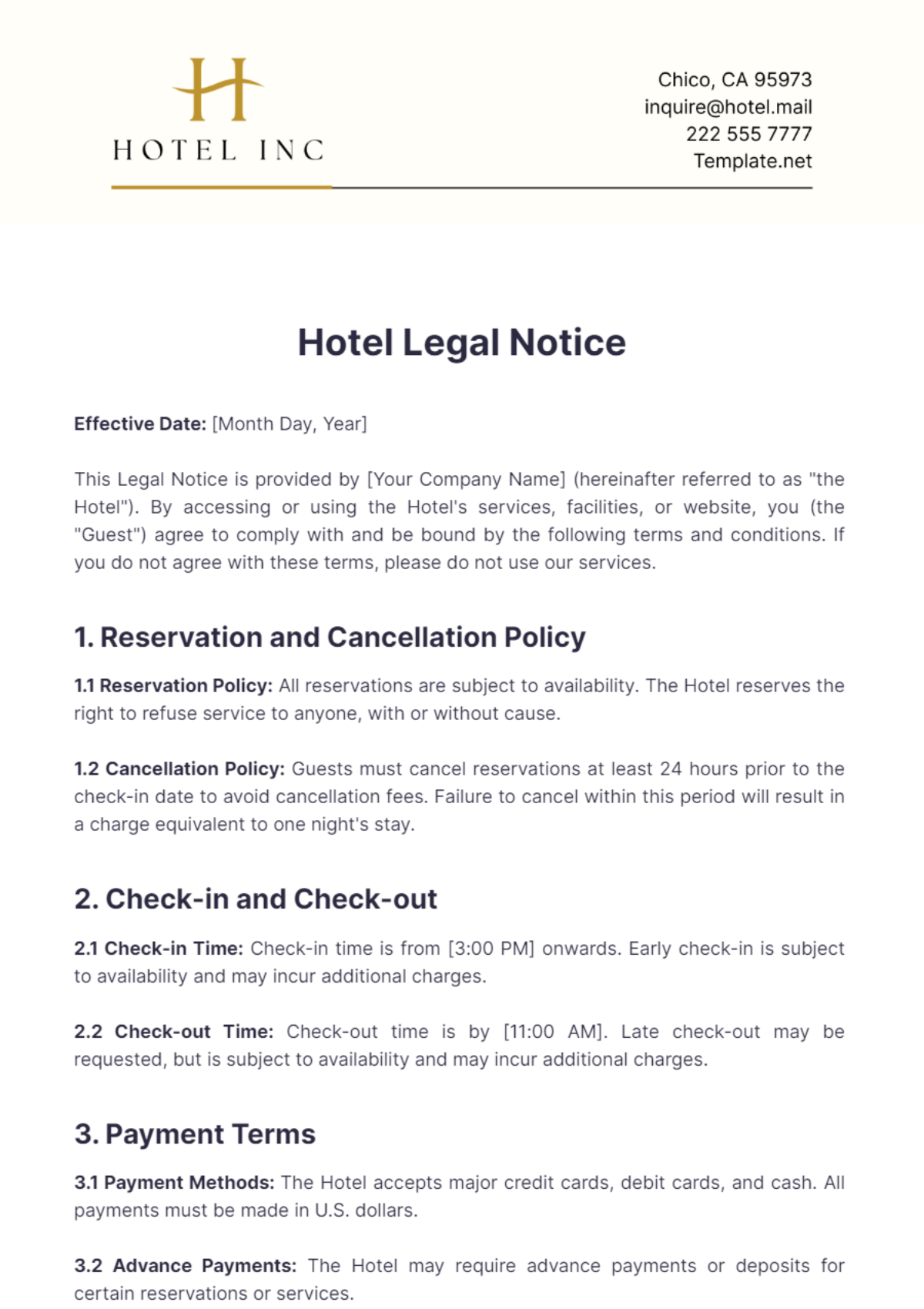 Hotel Legal Notice Template - Edit Online & Download