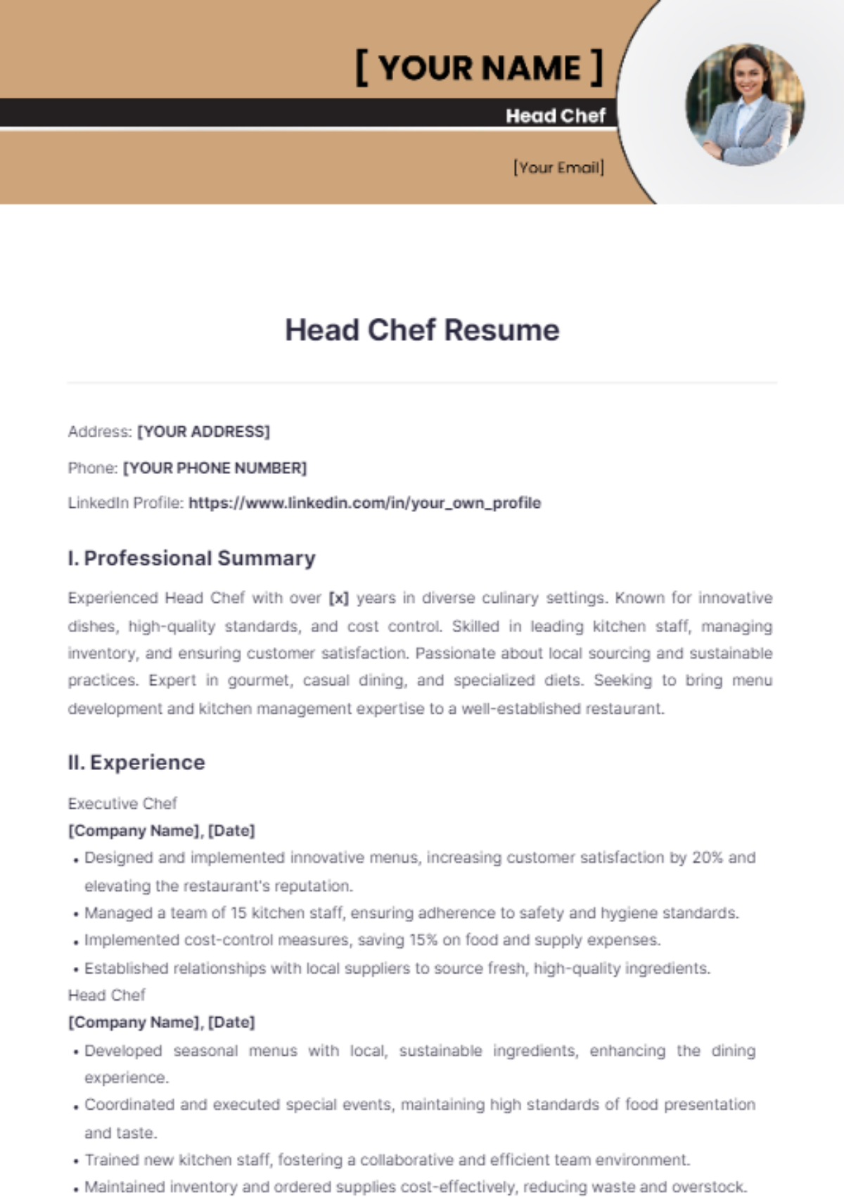 Head Chef Resume - Edit Online & Download