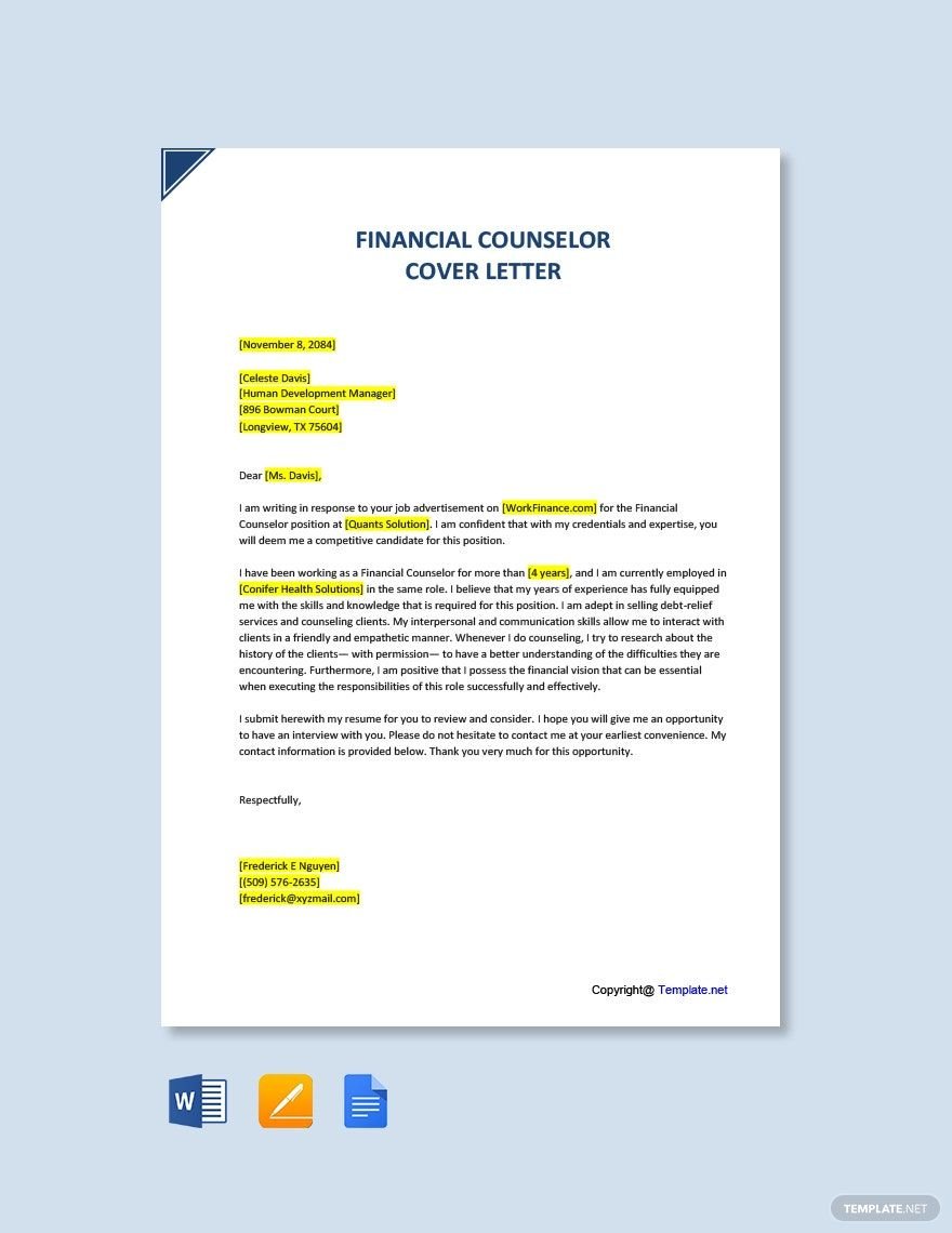 Financial Counselor Cover Letter in Word, Google Docs, PDF, Apple Pages