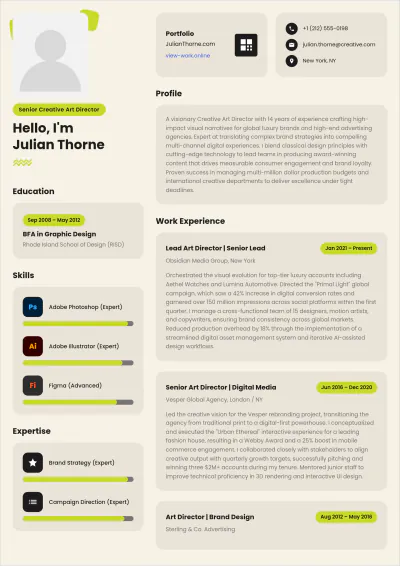 Free One Page ATS Resume For Creative Art Director Template