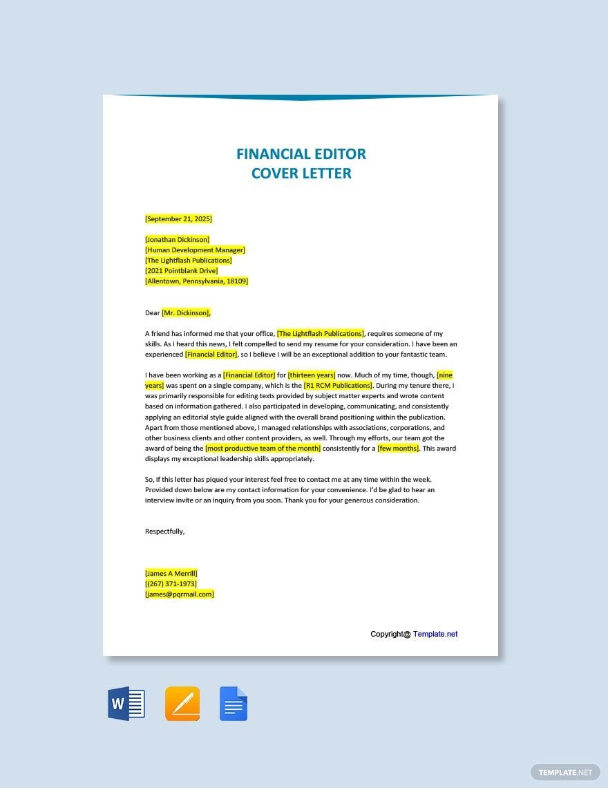 Financial Editor Cover Letter in Word, Google Docs, PDF, Apple Pages