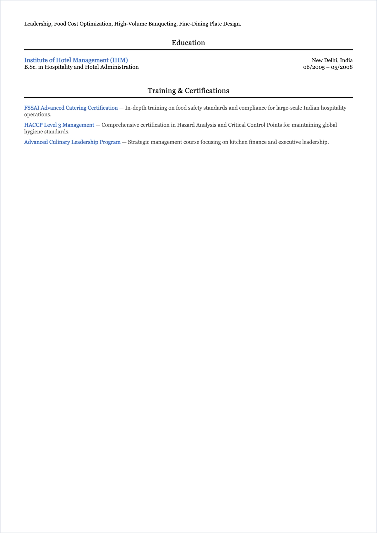 Free Indian Chef ATS Resume Template, AI Resume Builder