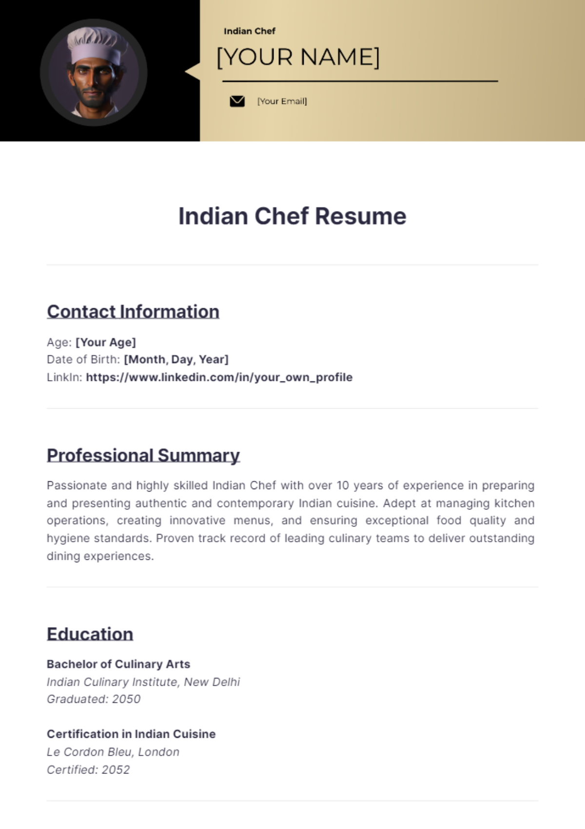 Indian Chef Resume - Edit Online & Download Example | Template.net