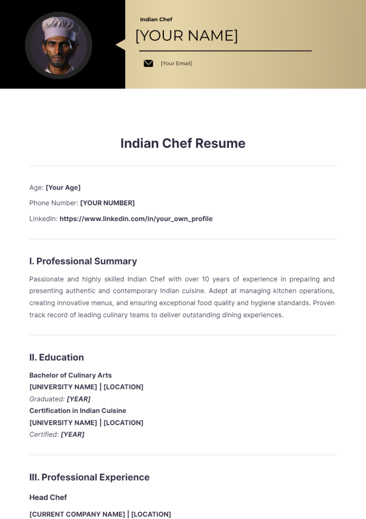 Indian Chef Resume - Edit Online & Download