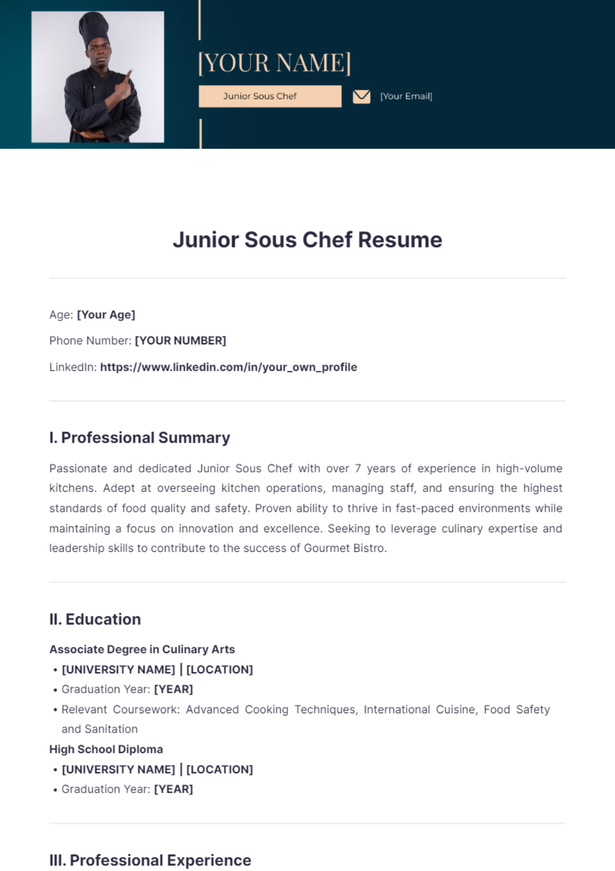 Junior Sous Chef Resume - Edit Online & Download