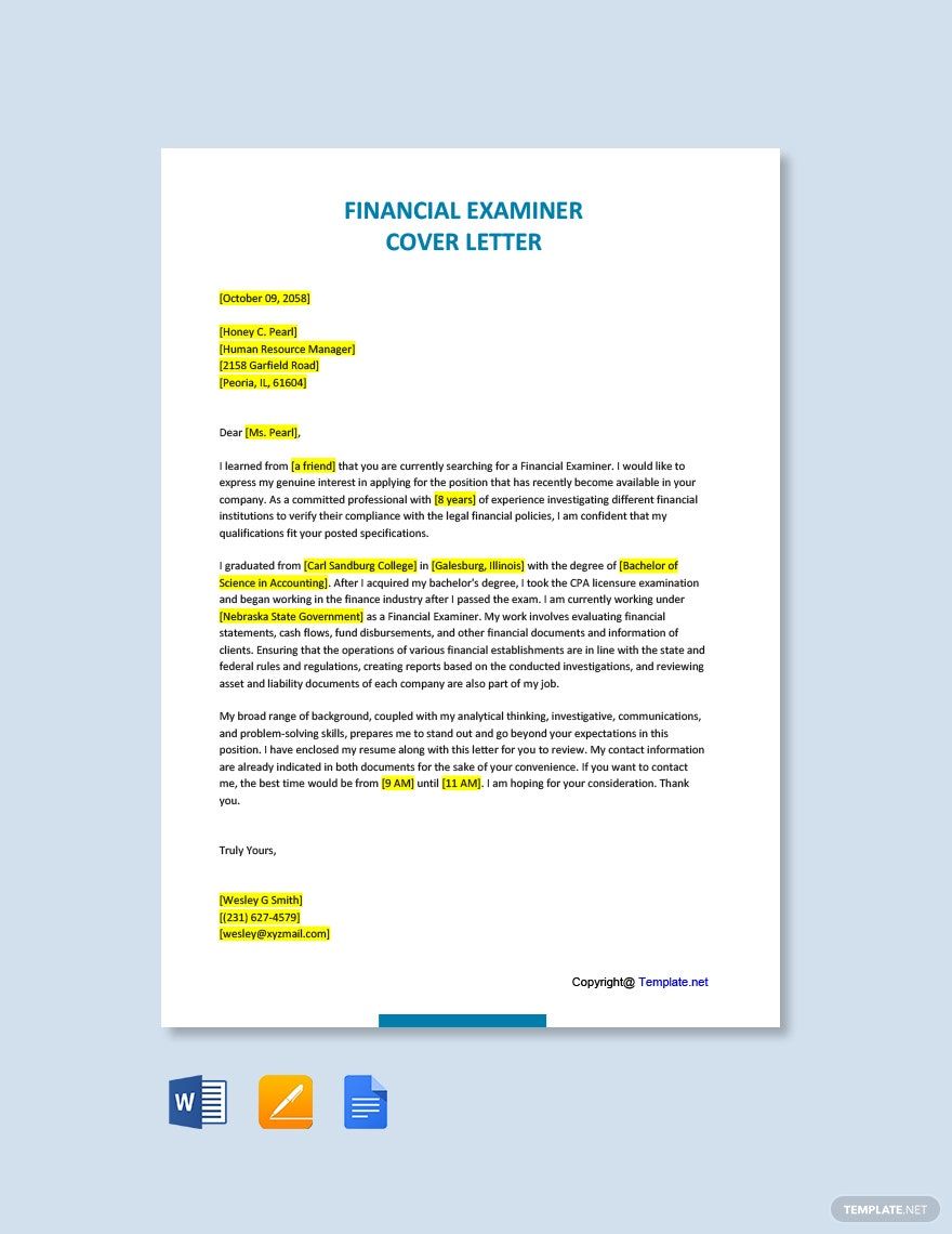 Financial Examiner Cover Letter in Google Docs, Word, Pages, PDF - Download | Template.net