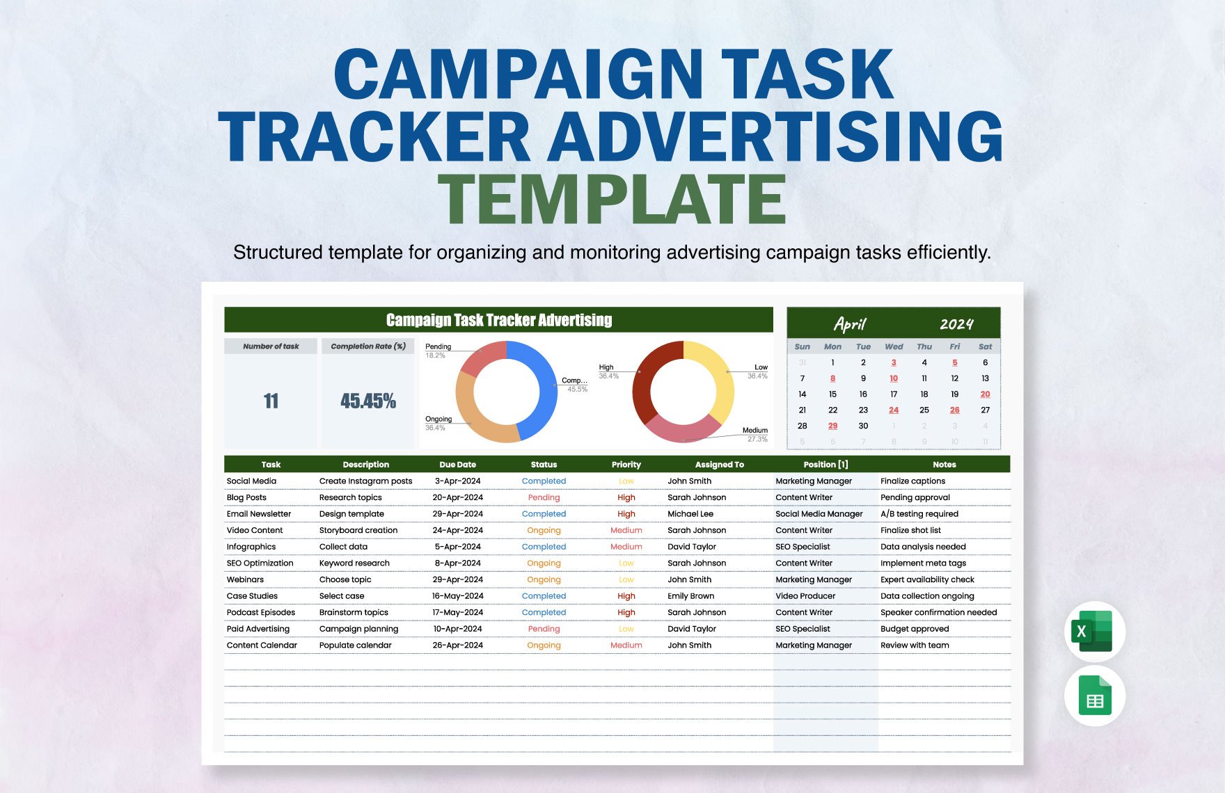 Campaign Task Tracker Advertising Template in Excel, Google Sheets