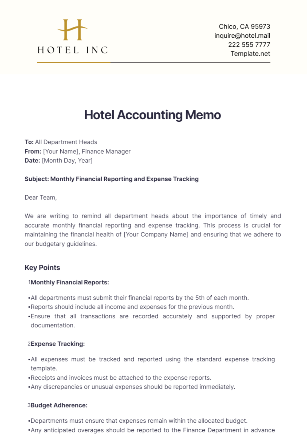 Hotel Accounting Memo Template - Edit Online & Download