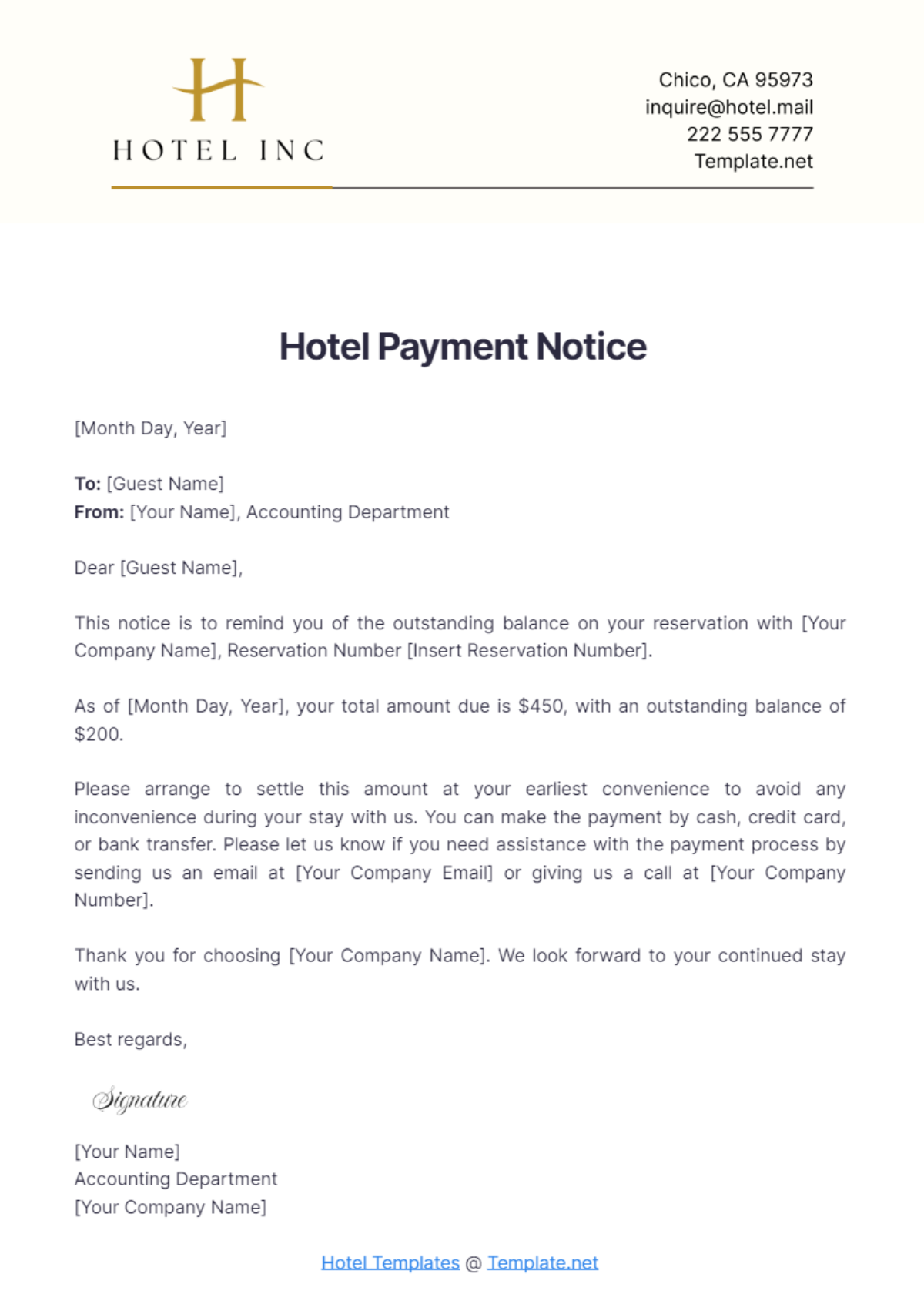 Hotel Payment Notice Template - Edit Online & Download