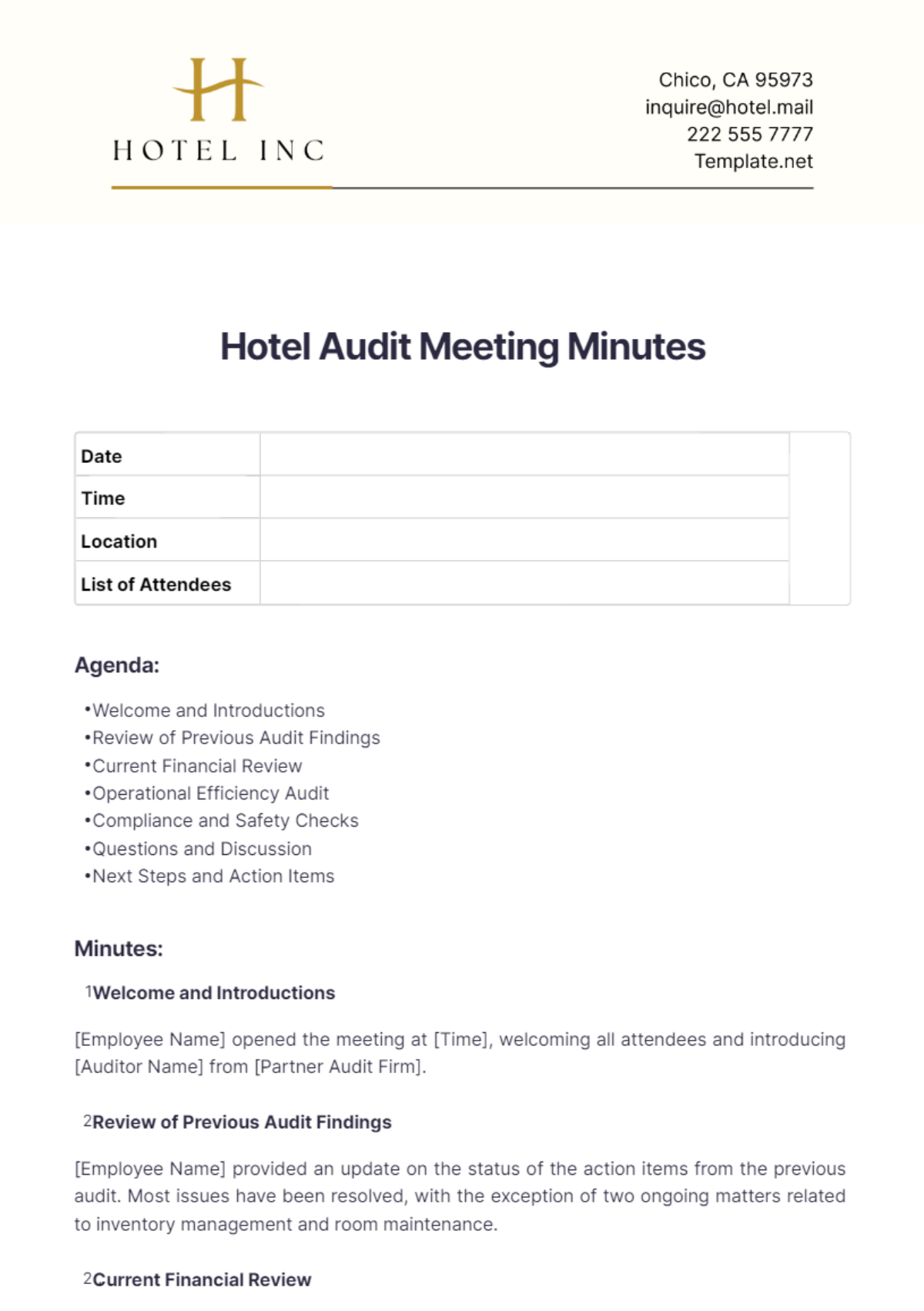 Hotel Audit Meeting Minutes Template - Edit Online & Download