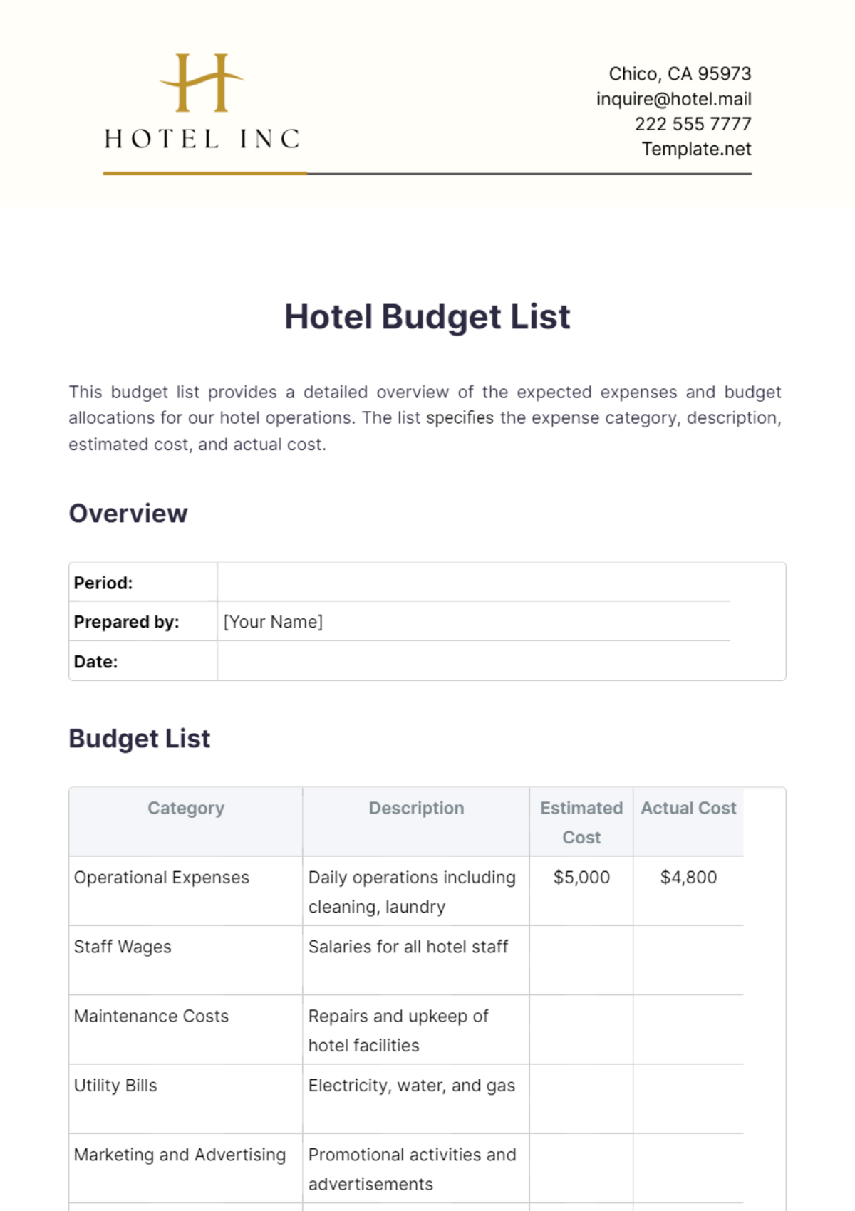 Hotel Budget List Template - Edit Online & Download