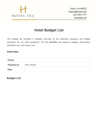 Free Hotel Budget List Template to Edit Online