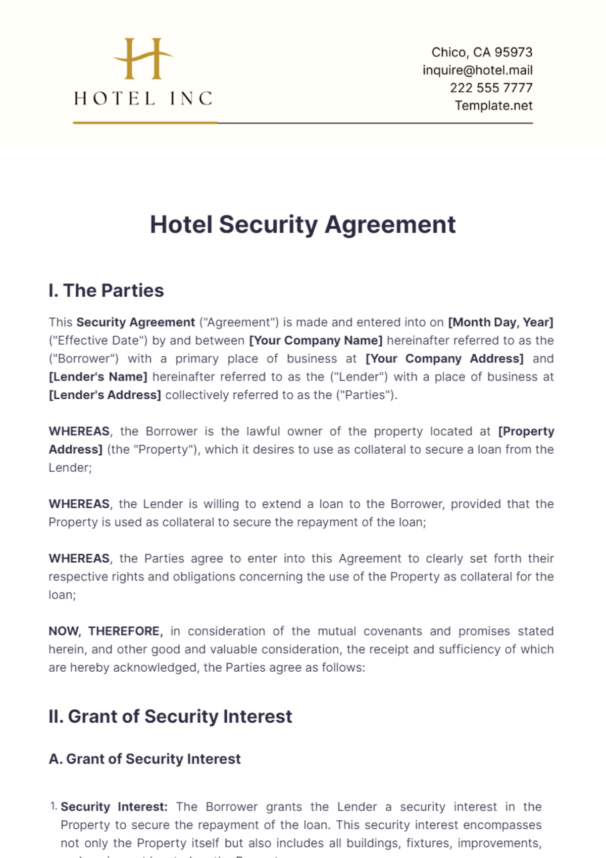 Hotel Security Agreement Template - Edit Online & Download