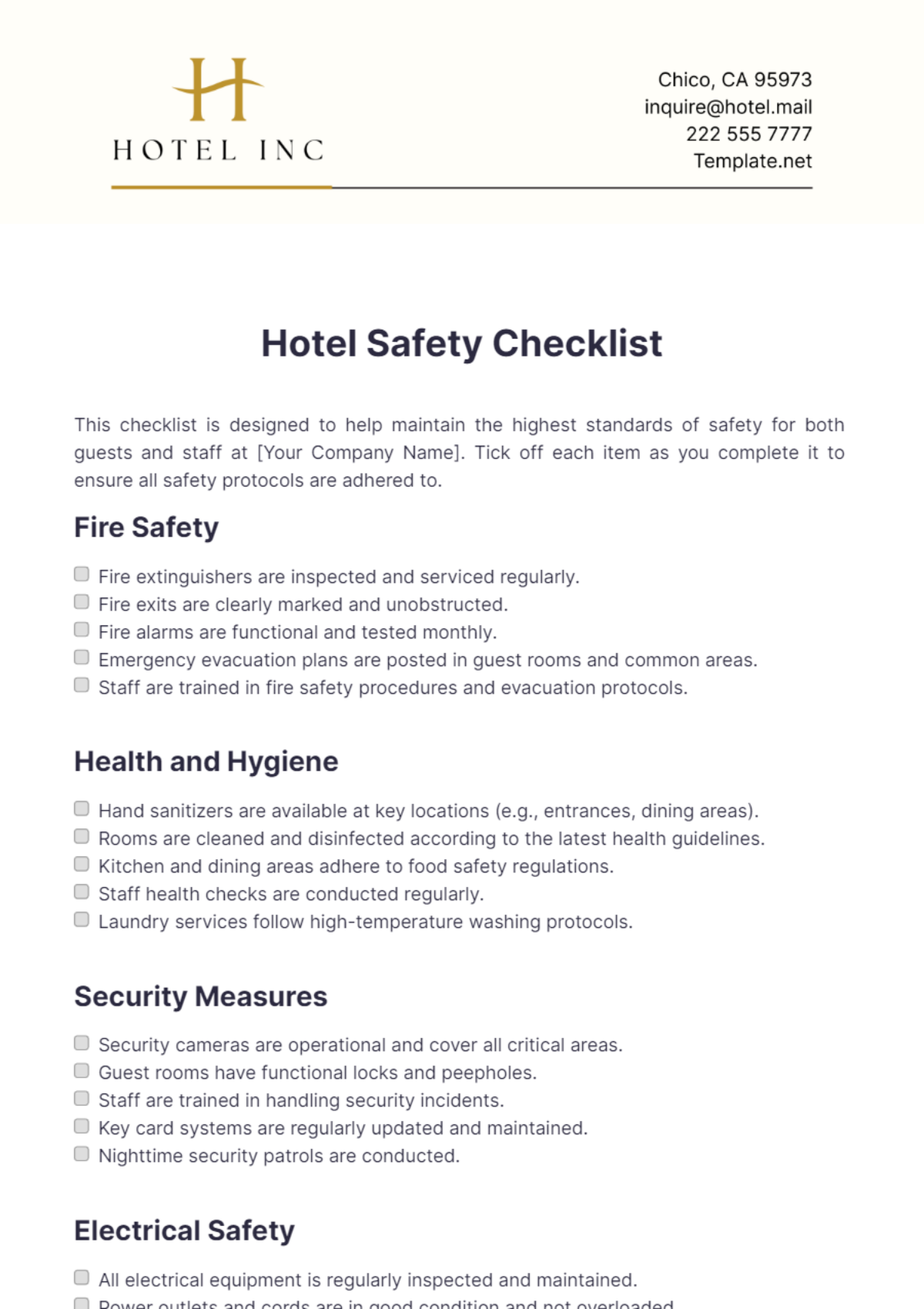 Free Hotel Safety Checklist Template