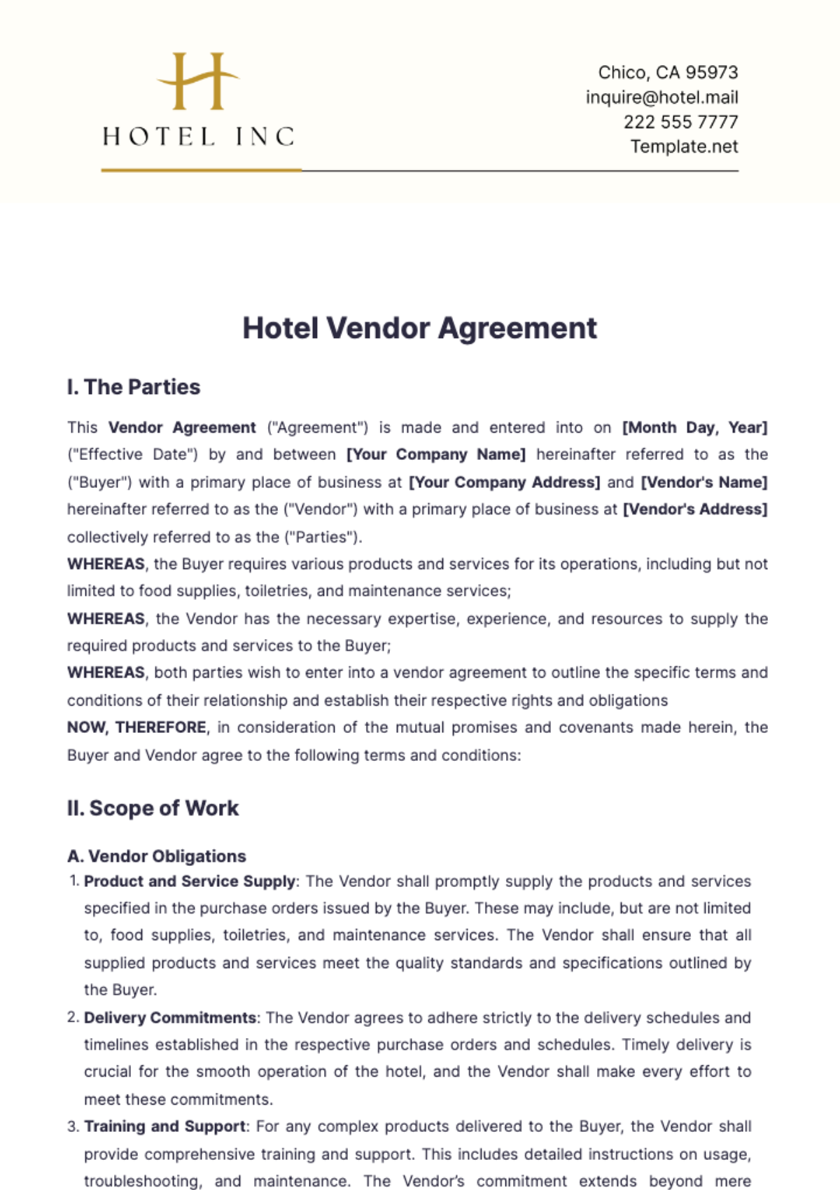 Hotel Vendor Agreement Template - Edit Online & Download