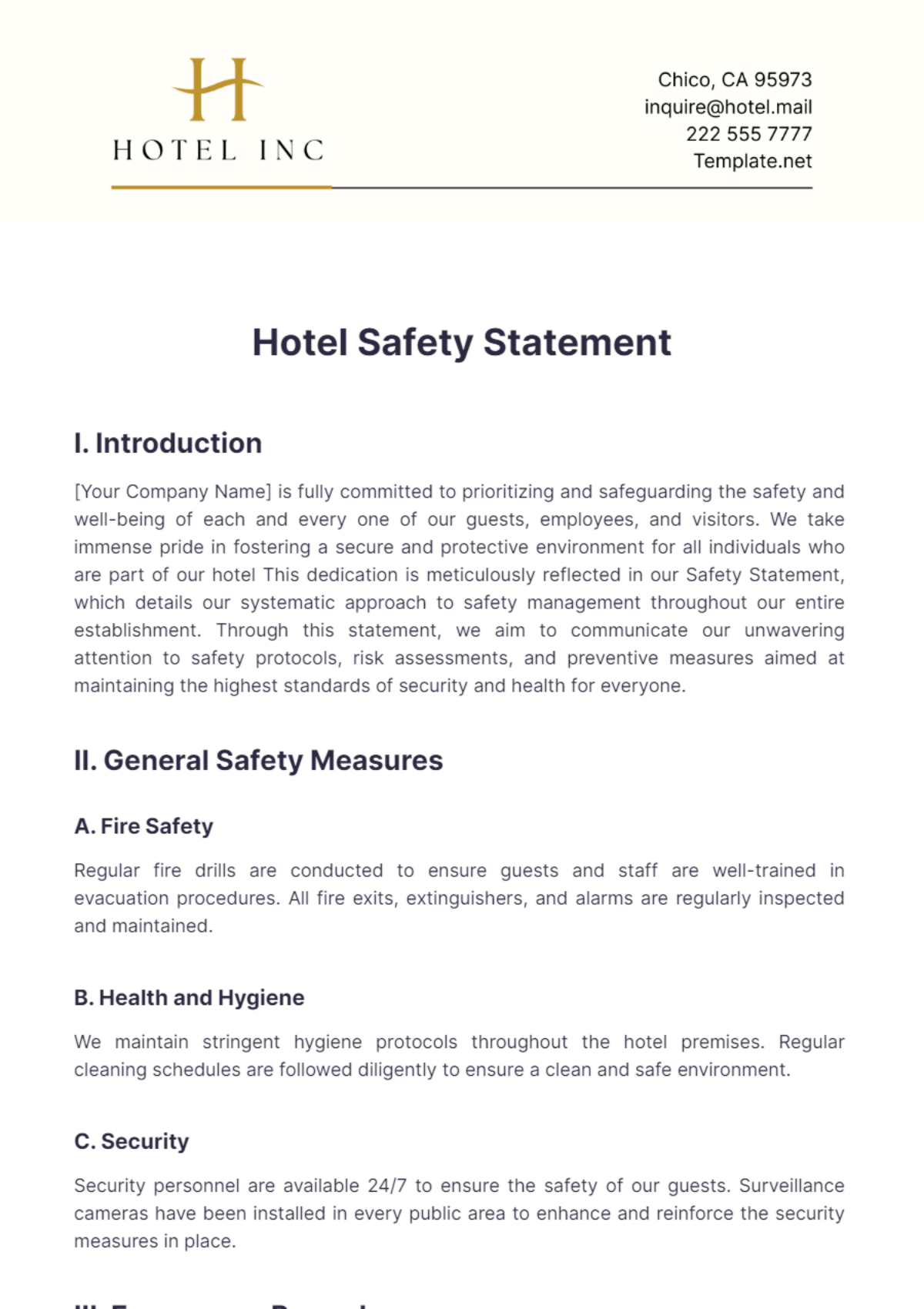 Hotel Safety Statement Template - Edit Online & Download