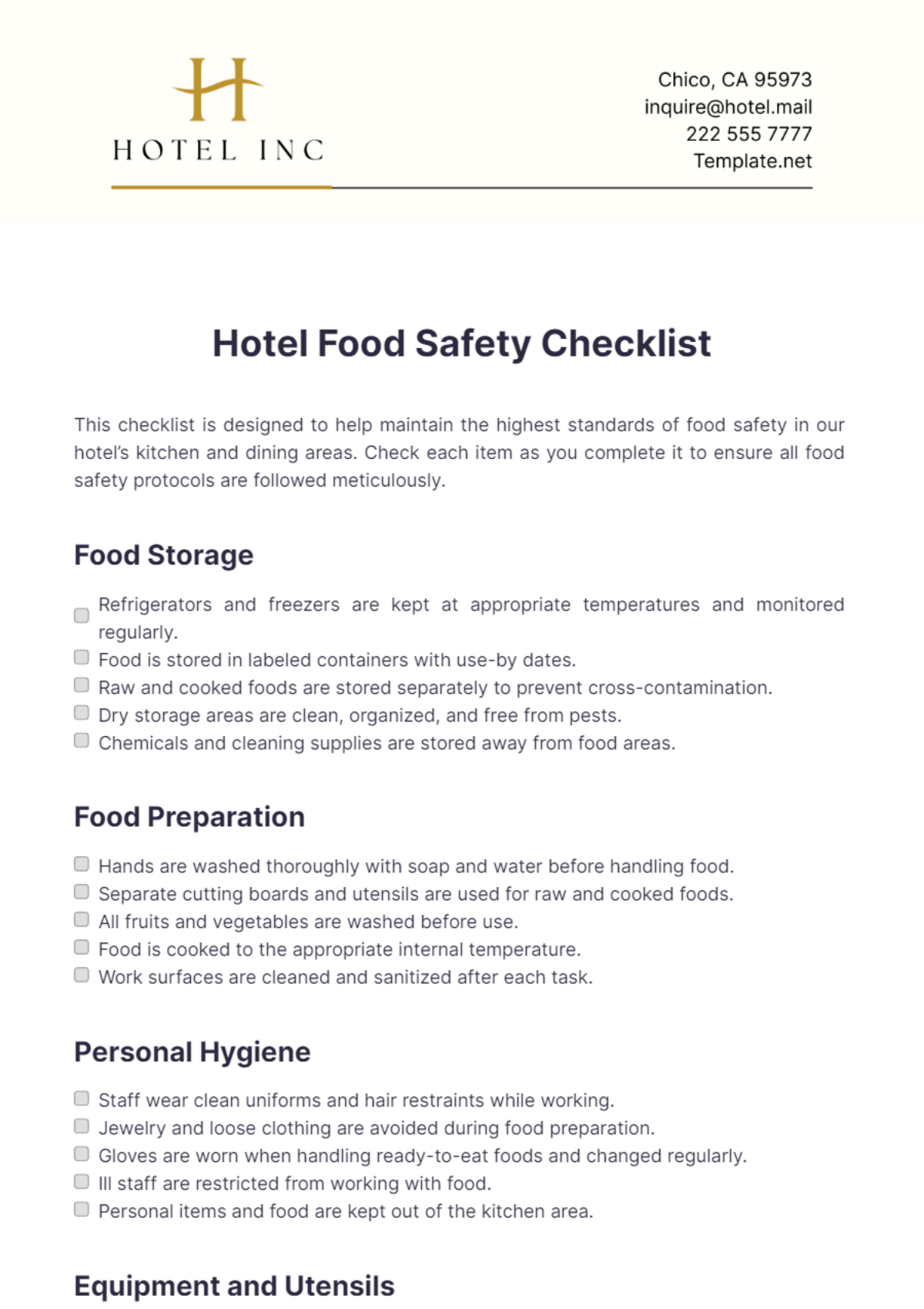 Hotel Food Safety Checklist Template - Edit Online & Download