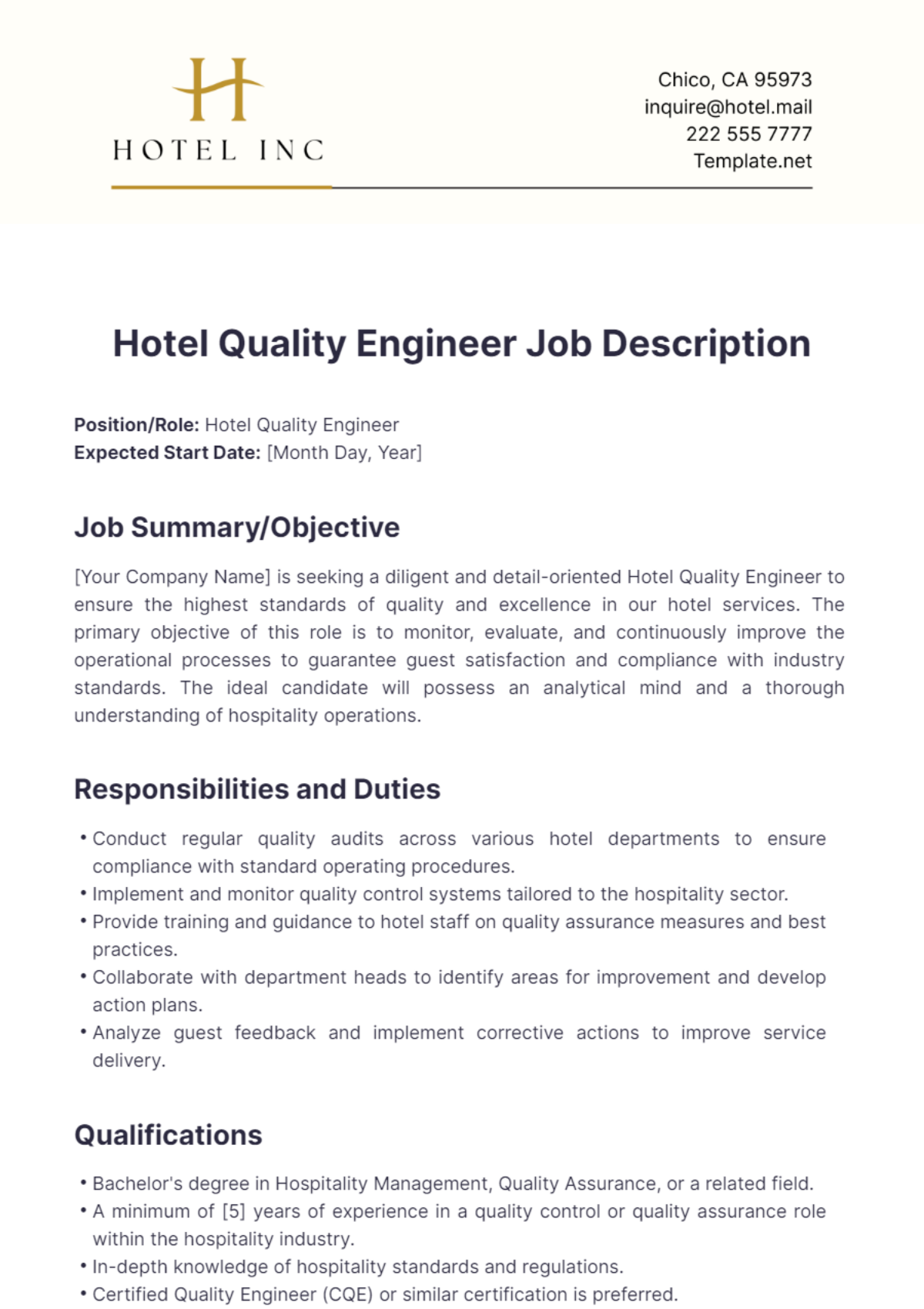 Hotel Quality Engineer Job Description Template - Edit Online & Download