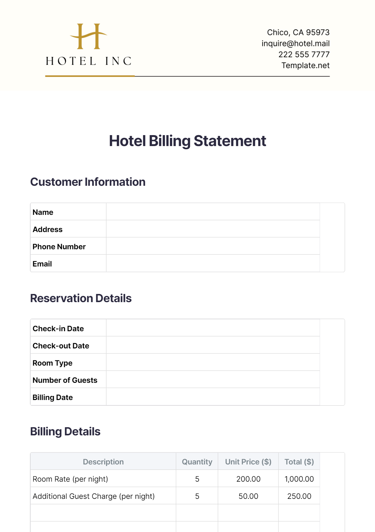 Hotel Billing Statement Template - Edit Online & Download