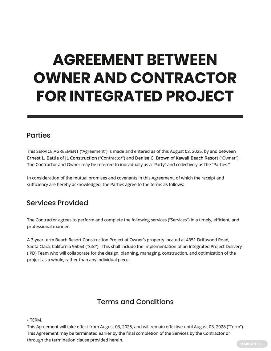 Agreement Between Owner and Contractor for Integrated Project Delivery Template