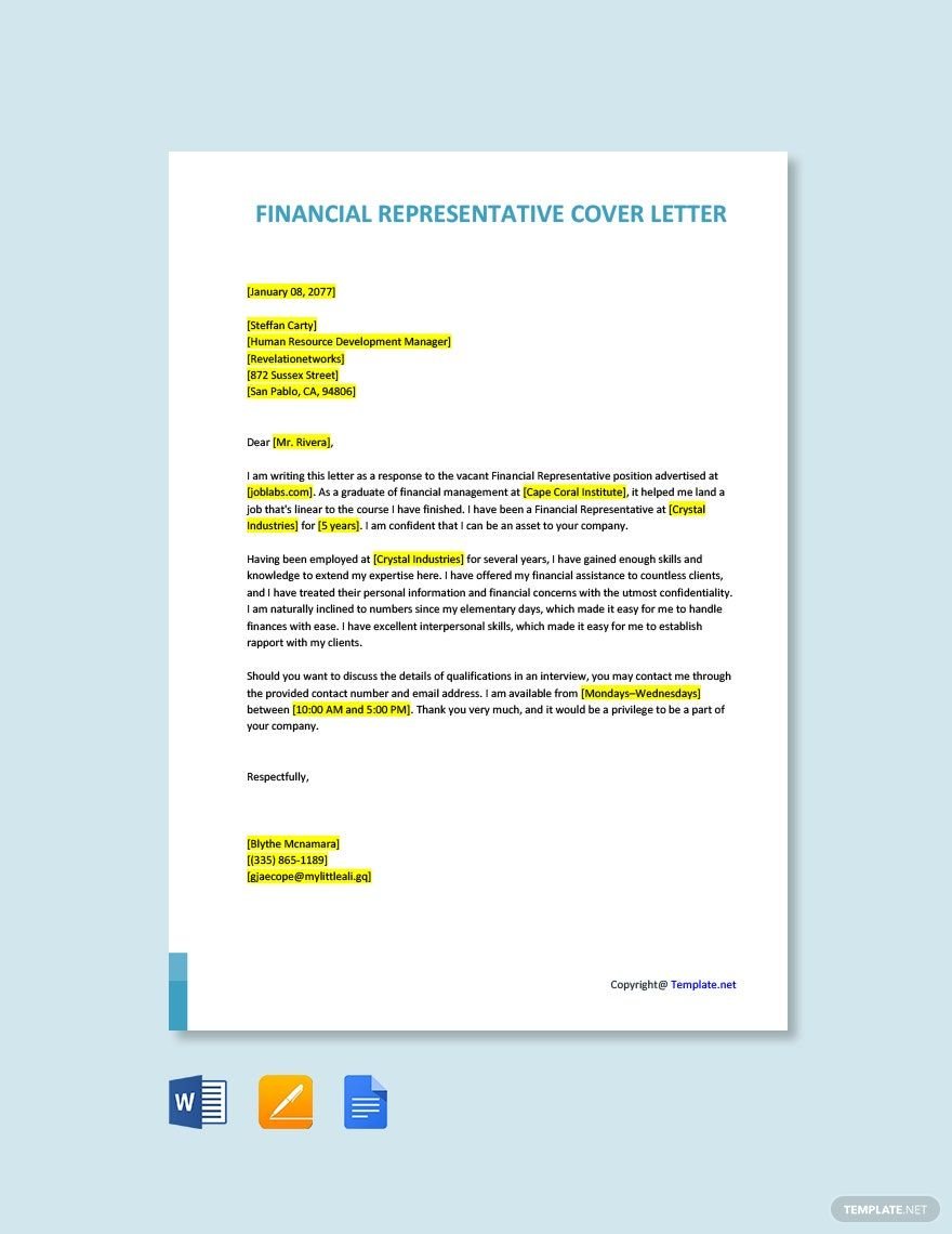 Financial Representative Cover Letter