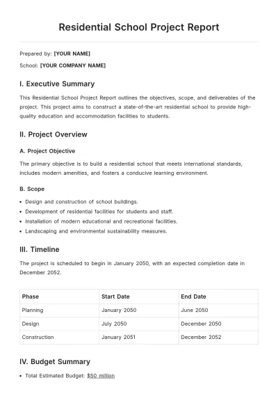 Free Residential School Project Report Template to Edit Online