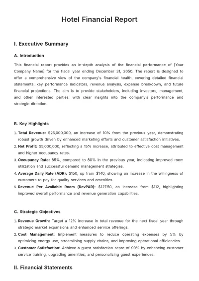 Free Hotel Financial Report Template to Edit Online