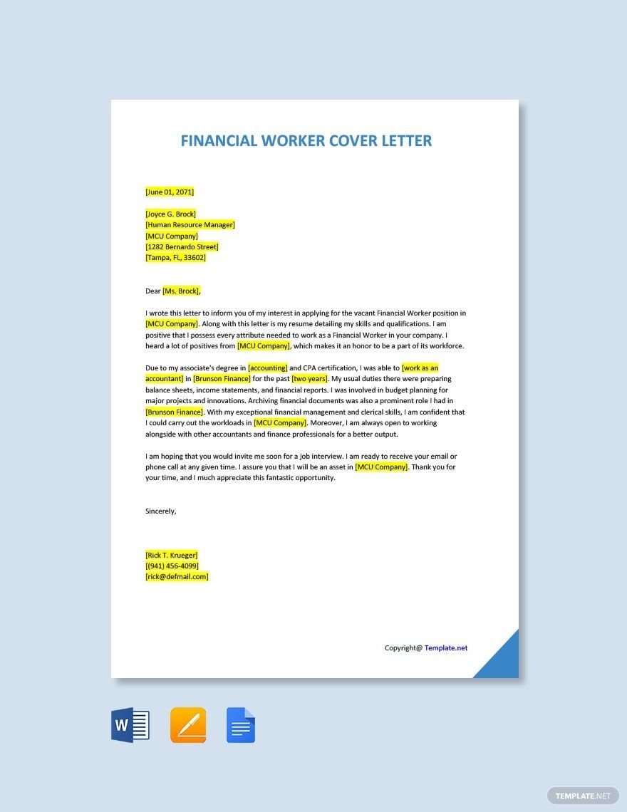 Free Financial Worker Cover Letter in Word, Google Docs, PDF, Apple Pages
