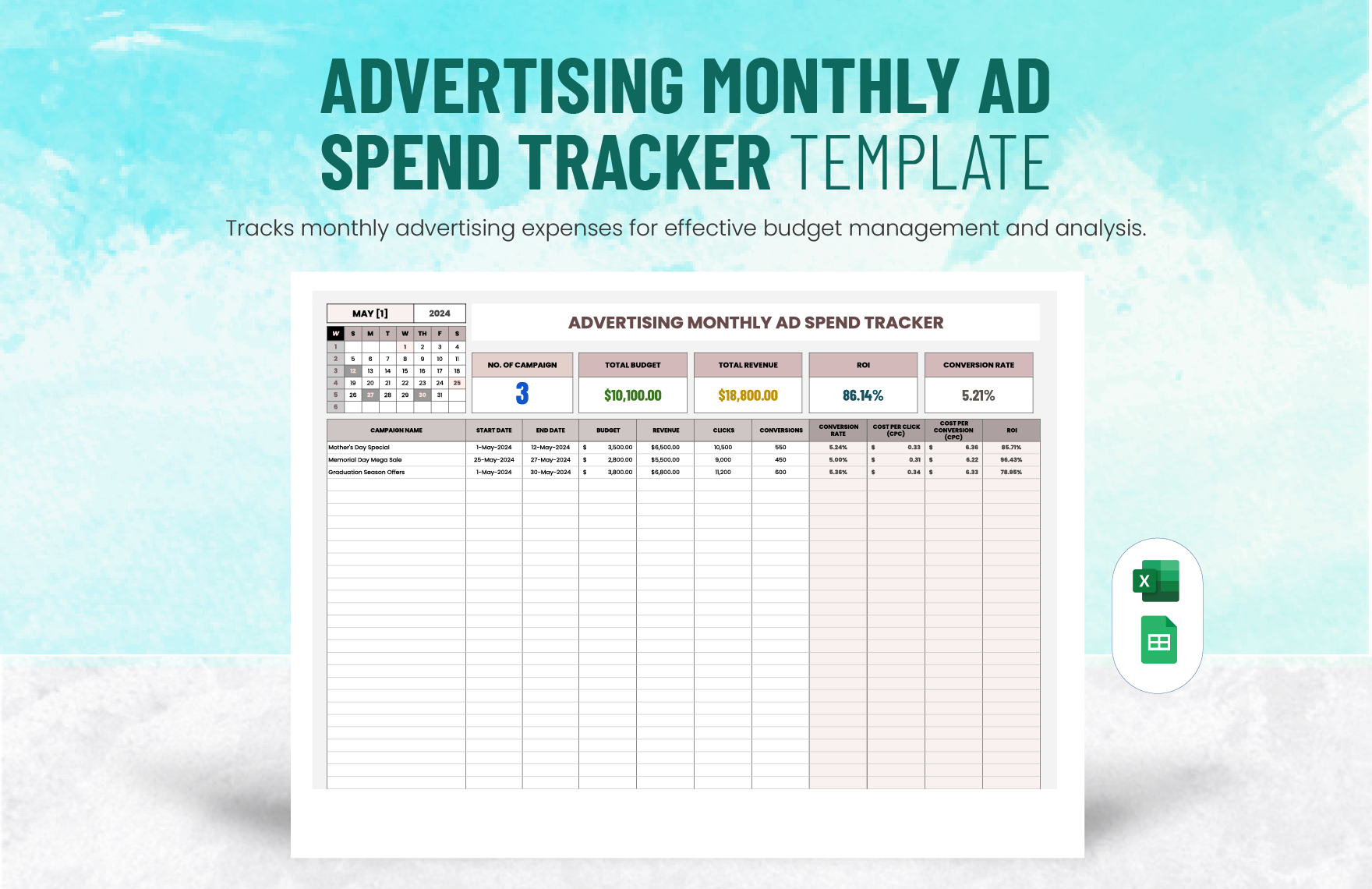 Advertising Monthly Ad Spend Tracker Template in Excel, Google Sheets