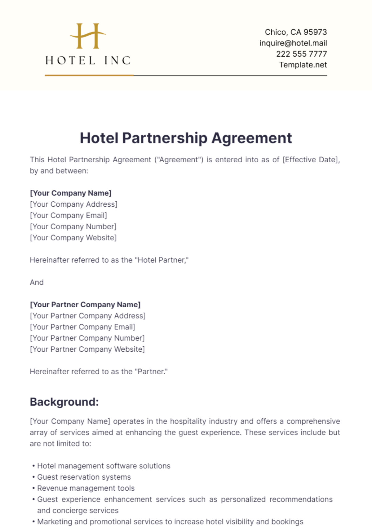 Hotel Partnership Agreement Template - Edit Online & Download