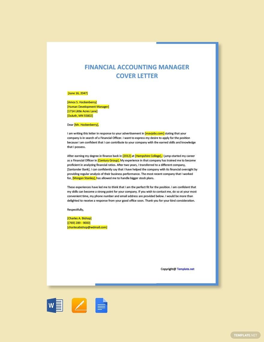 Financial Officer Cover Letter in Word, Google Docs, Apple Pages