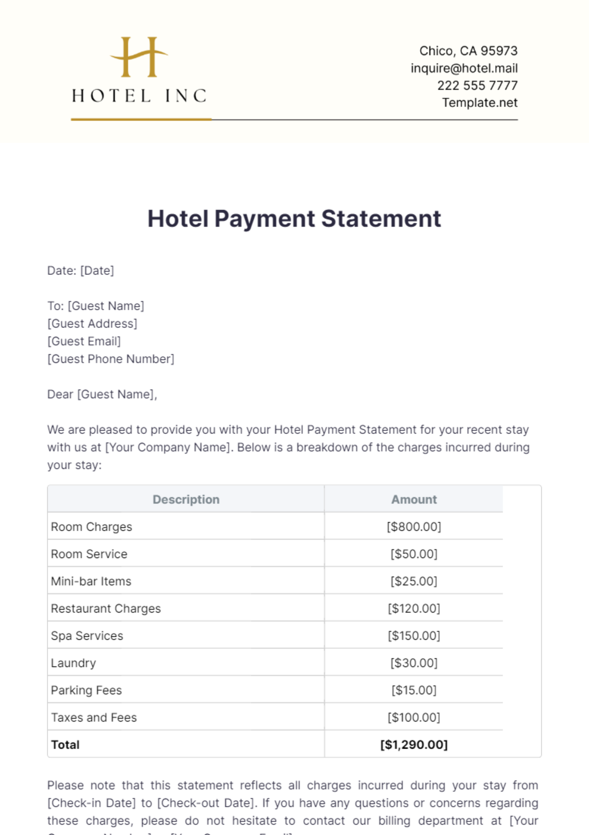 Hotel Payment Statement Template - Edit Online & Download