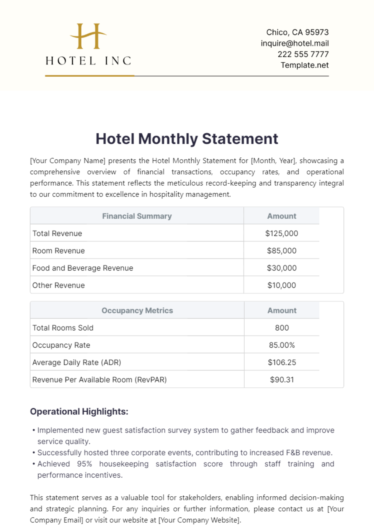 Hotel Monthly Statement Template - Edit Online & Download