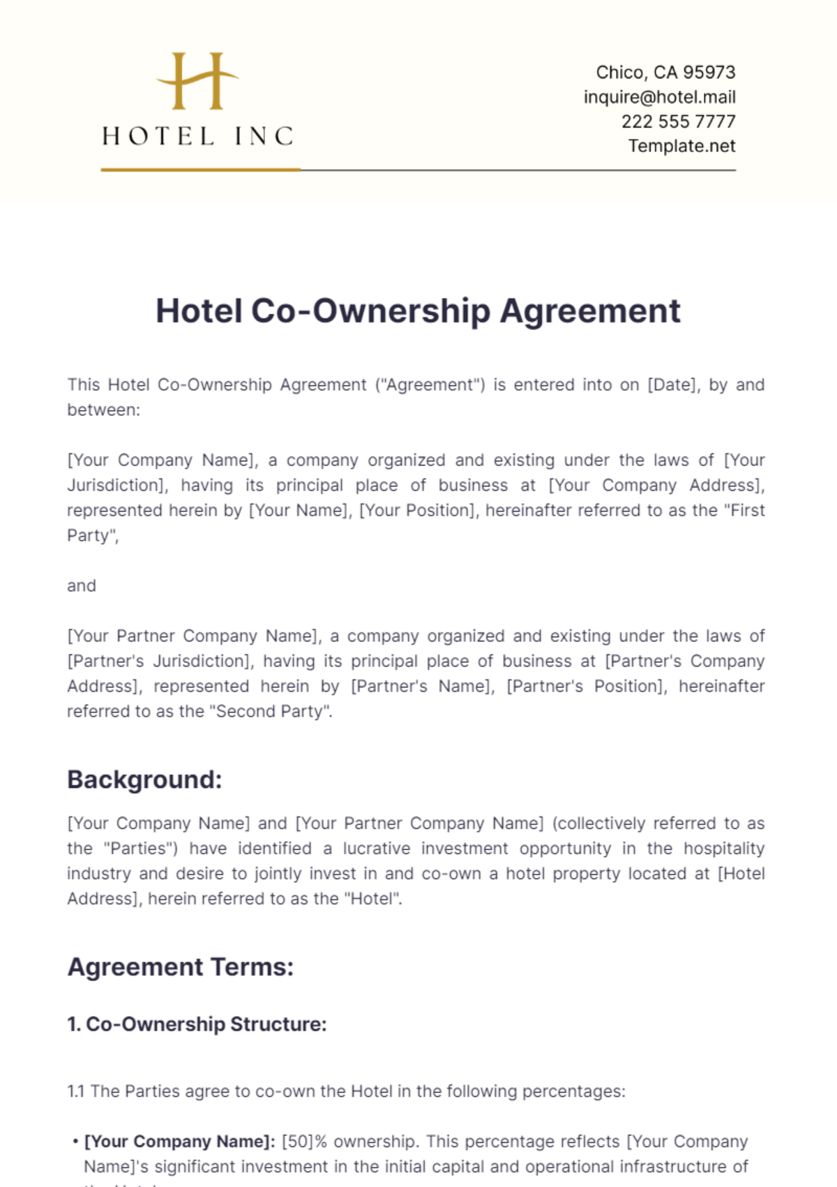 Hotel Co-Ownership Agreement Template - Edit Online & Download