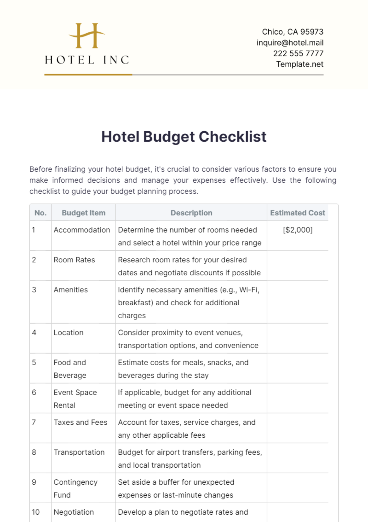 Free Hotel Budget Checklist Template