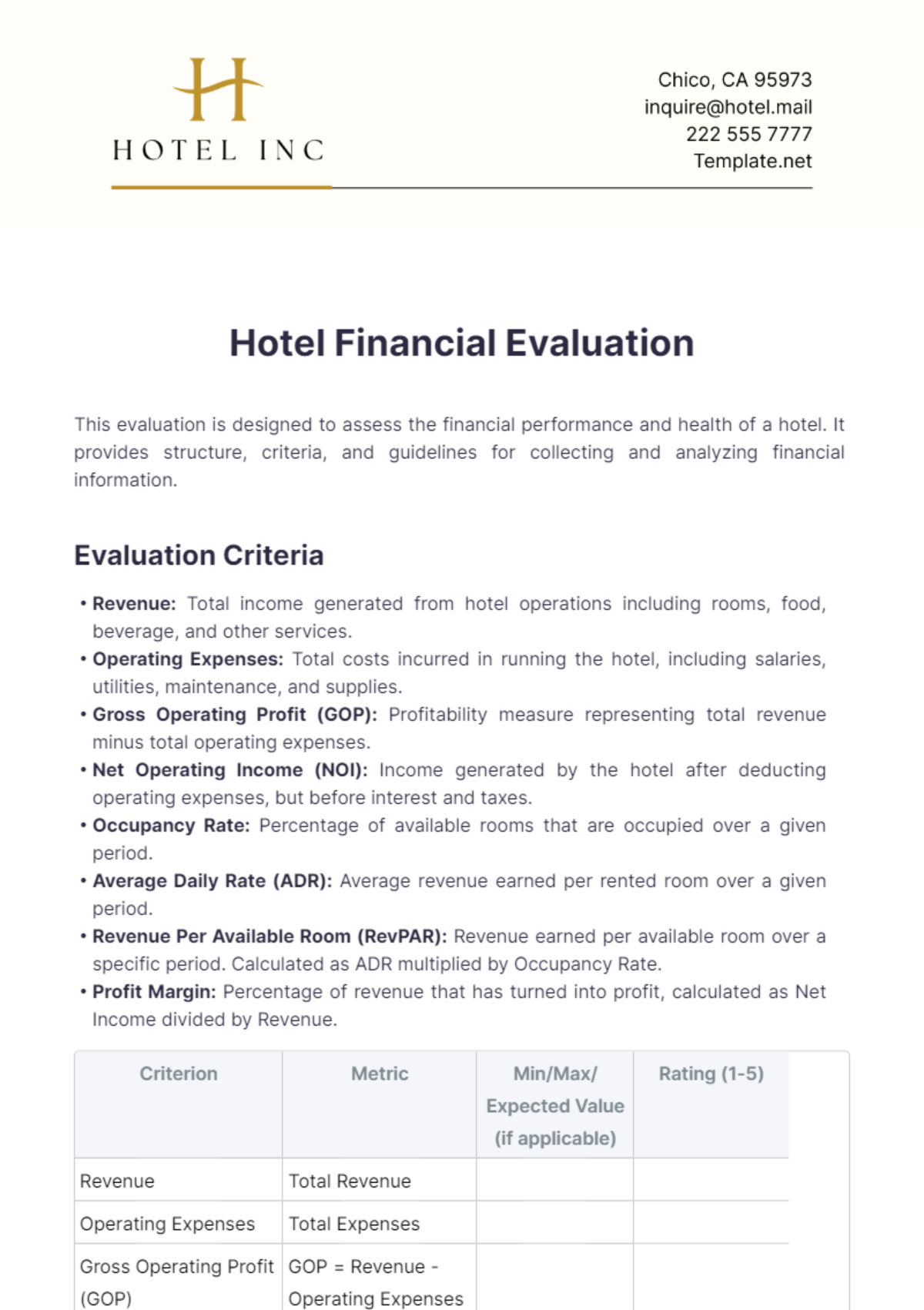 Hotel Financial Evaluation Template - Edit Online & Download