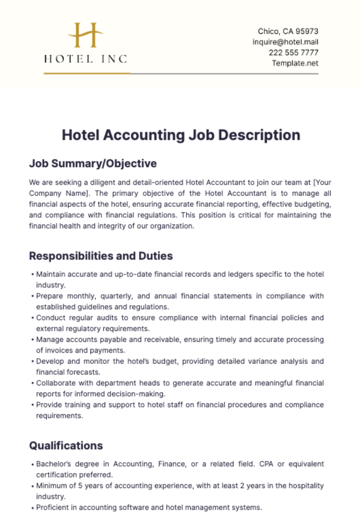 Hotel Accounting Job Description Template - Edit Online & Download