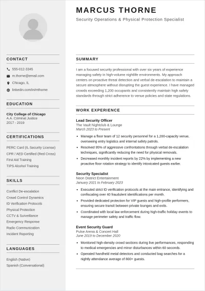 Free Club Security Guard ATS Resume Template, AI Resume Builder