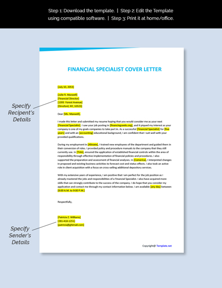 Financial Specialist Cover Letter Template