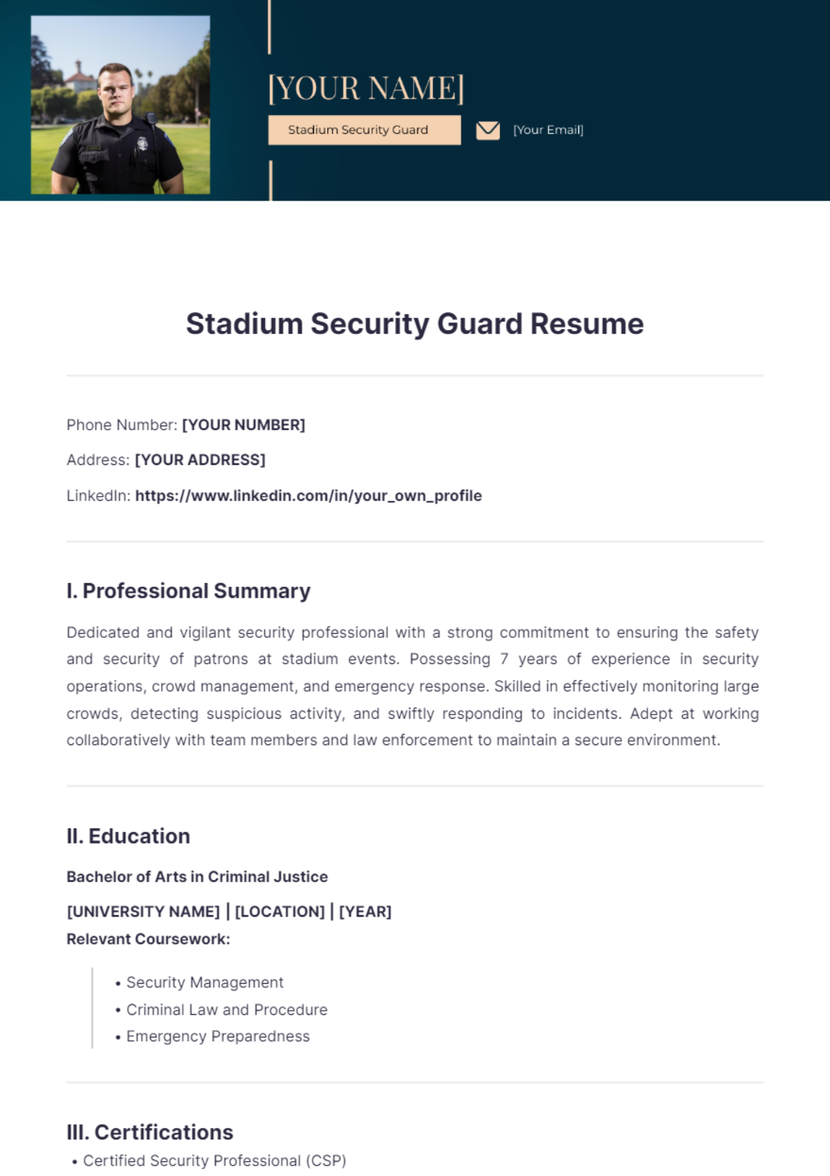 Stadium Security Guard Resume - Edit Online & Download