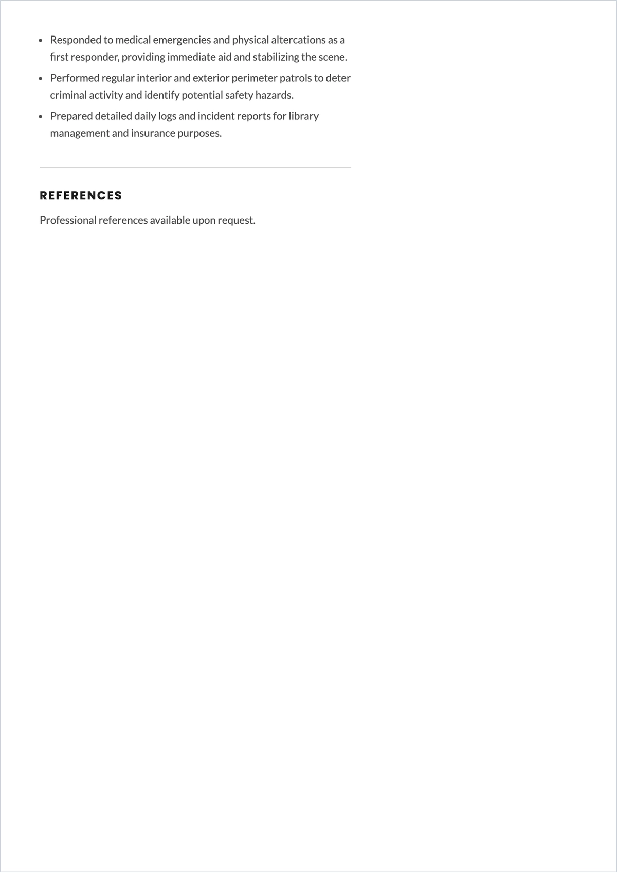Free Library Security Guard ATS Resume Template, AI Resume Builder