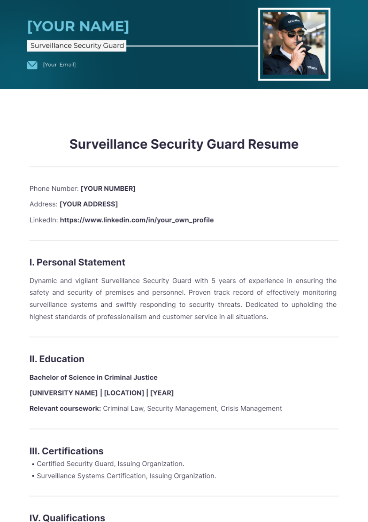 Free Surveillance Security Guard Resume Template - Edit Online ...