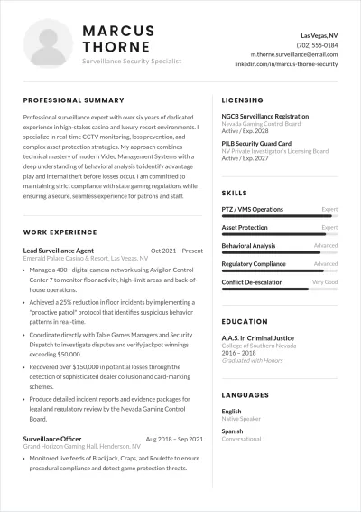 Free Surveillance Security Guard ATS Resume Template